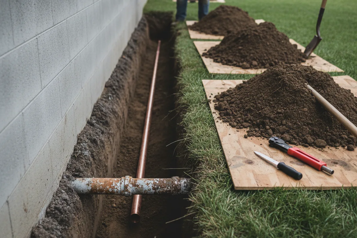 Excavated water line trench during Sewer Line Repair in San Mateo